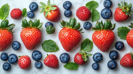juicy strawberries and ripe blueberries arranged in repeating pattern on elegant marble texture