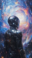 Figure stands before a swirling colorful cosmic background with stars and nebulas.