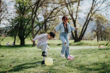 A cheerful mother and her child enjoy quality time playing soccer together in a sunlit park, surrounded by green grass and trees.