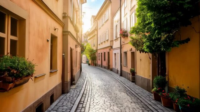 Sunlit european cityscape showcasing a narrow cobblestone street lined with colorful buildings and lush potted plants creating a charming ambiance