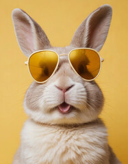 bunny with sunglasses on yellow background