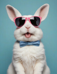 white bunny with pink sunglasses on blue background