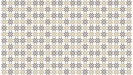 Repeating floral pattern with geometric shapes in shades of gray and beige on a white background
