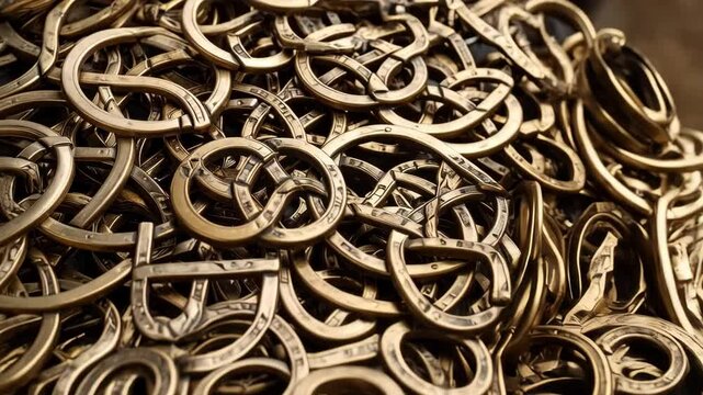 Close-up of interlocking metallic rings and loops with an antique bronze finish in a tangled heap forming a complex abstract pattern