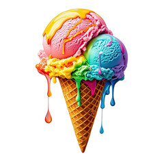Melting Rainbow Ice Cream In Waffle Cone, Generative AI
