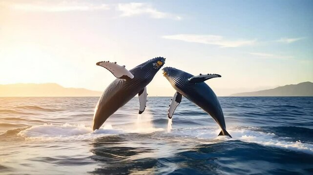 Two humpback whales breaching ocean water, sunset light background