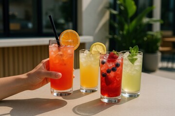 Refreshing colorful summer cocktails outdoors.