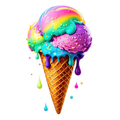 Melting Rainbow Ice Cream In Waffle Cone, Generative AI