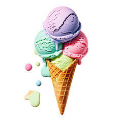 Melting Rainbow Ice Cream In Waffle Cone, Generative AI