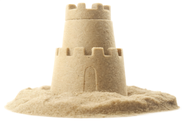 Sand castle tower with crenellations and arched doorway isolated on a transparent background