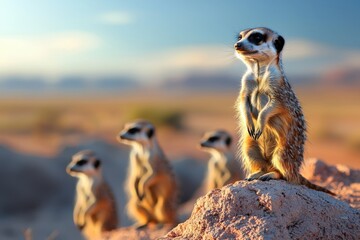 Curious meerkat scanning landscape desert environment wildlife image afternoon light close-up view nature observation