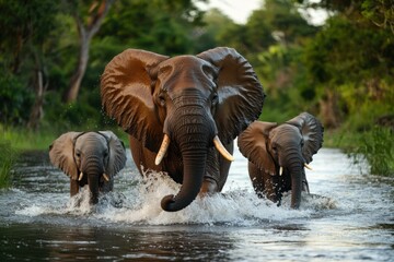 Fototapeta premium Wild elephants crossing a river in nature gigapixel standard event family bonding lush green environment close-up viewpoint