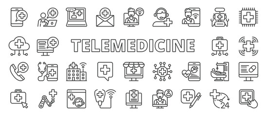 Telemedicine icons in line design. Telemedicine, telehealth, online doctor, virtual care, remote consultation, e-health, medical app on white background vector. Telemedicine editable stroke icons