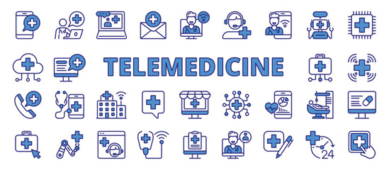Telemedicine icons in line design blue. Telemedicine, telehealth, online doctor, virtual care, remote consultation, e-health, medical app on white background vector. Telemedicine editable stroke icons