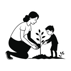 "Mother and Child Planting Tree – Family Nature Care Illustration"

