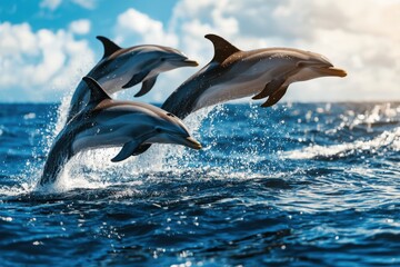Fototapeta premium Joyful dolphins leaping in the ocean amidst vibrant clouds nature scene marine life close-up view dynamic aquatic action