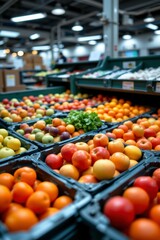 Colorful Assortment of Fresh Fruits and Vegetables in a Warehouse Setting