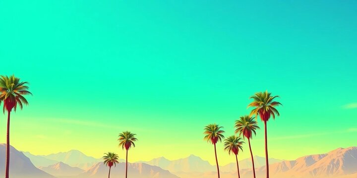 Vibrant turquoise and neon green sky above stylized palm trees and abstract mountains,  vivid,  graphic