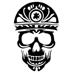 A skull featuring intricate tribal designs of silhouettes