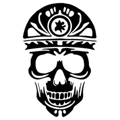 A skull featuring intricate tribal designs of silhouettes