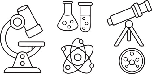 Science and Research Icon Set in Flat Style Featuring Microscope Test Tube DNA and Flask