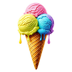 Melting Rainbow Ice Cream In Waffle Cone, Generative AI