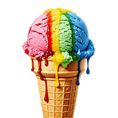 Melting Rainbow Ice Cream In Waffle Cone, Generative AI