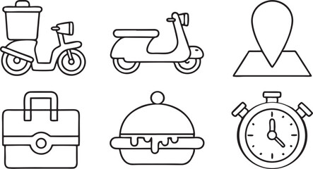 Food Delivery Service Icon Set in Flat Style with Scooter Pin Food Bag and Timer Icons