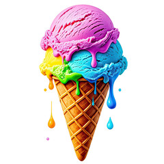 Melting Rainbow Ice Cream In Waffle Cone, Generative AI
