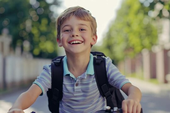 Student boy riding a bike to school