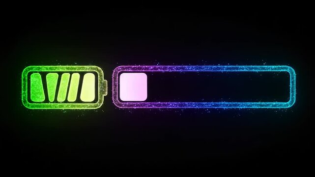Colorful battery icon with charging progress bar on a black background, representing energy and technology