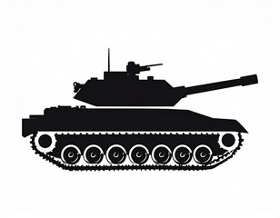 Fototapeta premium Minimalist Black Tank Icon – Simple Vector Illustration of Military Armored Vehicle Silhouette on White Background, Flat Design Style for Defense, War Game, and Strategy Concept Projects