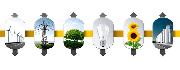 A conceptual infographic showing sustainable energy sources, nature, and innovation symbolized by wind turbines, electrical towers, a tree, a light bulb, sunflowers, and industrial buildings.