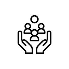 Icon of hands holding people with a circle above them in black outline