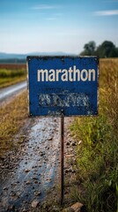 Weathered Marathon Direction Sign on a Rural Dirt Path with Lush Green Surroundings and a Clear Sky in the Background