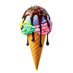 Melting Rainbow Ice Cream In Waffle Cone, Generative AI