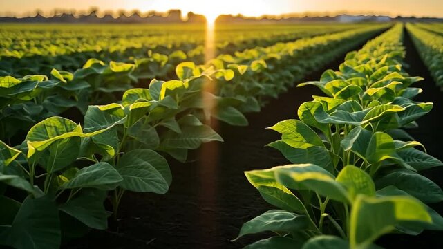 Green spinach growing in cultivated agricultural field at sunset