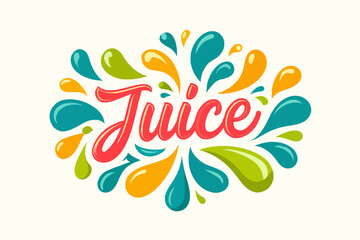 Juice lettering surrounded by colorful water droplets and splashes art