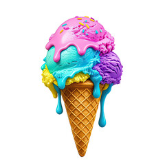 Melting Rainbow Ice Cream In Waffle Cone, Generative AI