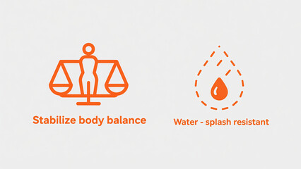 The orange balance and water droplet icon represent stable body balance and splash resistance, suitable for sports protection and daily use scenarios.