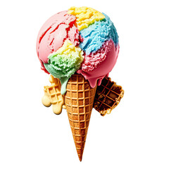 Melting Rainbow Ice Cream In Waffle Cone, Generative AI