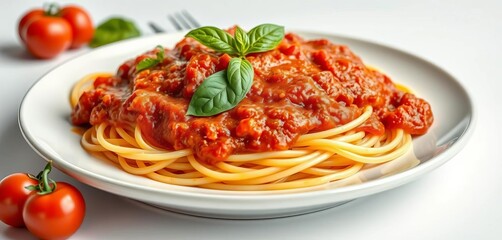 A generous portion of spaghetti with rich tomato sauce, artfully plated on a pristine white background,   recipe,  comfort food
