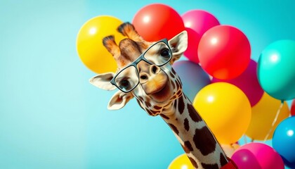 A giraffe in spectacles playfully poses amidst vibrant balloons,  stock photo,  backdrop