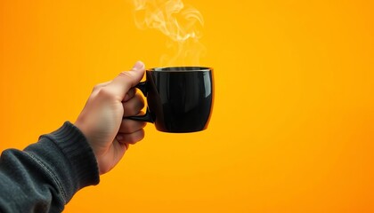 A hand cradles a steaming black coffee cup against a vibrant yellow backdrop,  detail,  energy