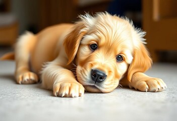 Adorable golden retriever puppy playfully sprawled on the floor, gazing directly at the camera,  puppy love,  looking at camera