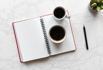 Open notebook and coffee cup on marble desk, overhead view,  work space,  background