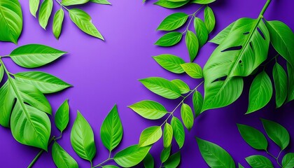 Overhead vibrant green paper cut tropical leaves arranged on a violet background Ample copy space, illustration, copy space