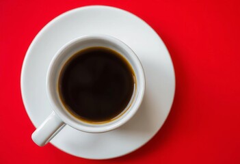 Overhead view of a white coffee cup and saucer on a red background, top view, panoramic