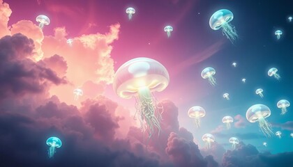 Pastel clouds drift beneath enormous bioluminescent jellyfish in a whimsical fantasy sky, fantasy,  magical