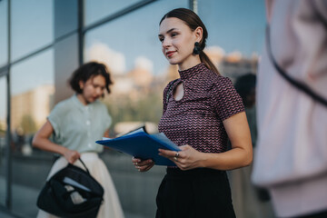 A group of diverse business professionals gathering in a city setting for a meeting, highlighting...
